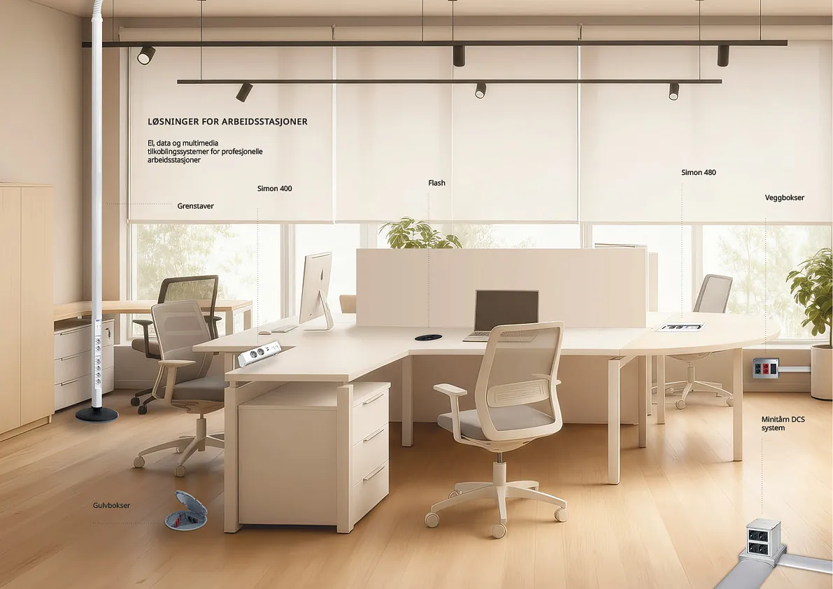 Illustrasjon av kontor med ulike strøm- og dataløsninger fra Simon, som søyler, gulvbokser og borduttak.
